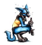  2019 black_fur blue_fur digital_media_(artwork) drunk fur kenket lucario nintendo pok&eacute;mon pok&eacute;mon_(species) simple_background smile solo video_games white_background 