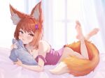  1girl animal_ear_fluff animal_ears barefoot blue_eyes bottomless breasts brown_hair camisole curtains fox_ears fox_girl fox_tail full_body heterochromia highres jewelry letter_hair_ornament looking_at_viewer lying miserel multiple_rings necklace on_bed on_stomach original pendant pillow purple_camisole purple_eyes purple_nails ring short_hair smile tail window 