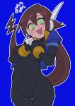  1girl absurdres aile_(mega_man_zx) arm_under_breasts black_bodysuit blue_background blue_jacket bodysuit bodysuit_under_clothes breasts brown_hair buzzlyears covered_collarbone cowboy_shot cropped_jacket expressive_hair green_eyes highres jacket large_breasts long_hair looking_at_viewer mega_man_(series) mega_man_zx mega_man_zx_advent no_pants open_clothes open_jacket open_mouth ponytail simple_background solo surprised sweat upper_body 