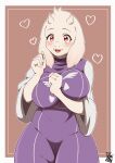 anthro big_breasts blush blush_lines boss_monster_(undertale) bovid breasts brown_background caprine clothing dress eyelashes fangs female floppy_ears front_view fur goat heart_symbol hi_res horn looking_at_viewer lop_ears mammal mokek0001 open_mouth open_smile purple_clothing purple_dress red_eyes simple_background smile solo tan_body tan_fur tan_horn teeth thick_thighs toriel undertale_(series) white_background wide_hips