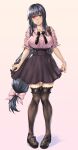  1girl alternate_costume black_footwear black_hair black_skirt black_thighhighs blush breasts buttons closed_mouth collarbone full_body fusou_(kancolle) highres kantai_collection kokuzou large_breasts long_hair pink_shirt red_eyes shirt shoes short_sleeves skirt solo thighhighs 