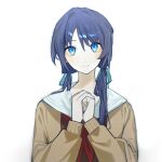 1girl blue_eyes blue_hair blue_ribbon brown_cardigan brown_shirt cardigan chinese_commentary closed_mouth commentary_request hair_ribbon hasu_no_sora_school_uniform highres kyoko_(akakikyoko) light_particles link!_like!_love_live! long_hair looking_at_viewer love_live! murano_sayaka neckerchief open_cardigan open_clothes own_hands_together red_neckerchief ribbon sailor_collar sailor_shirt school_uniform shirt simple_background smile solo upper_body white_background white_sailor_collar 