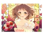  1girl 1other absurdres bare_shoulders blush border bouquet brown_hair collarbone crying crying_with_eyes_open dot_nose dress dress_flower eshi_100_nin_ten floating_hair floral_background flower flower_ornament frilled_dress frills happy happy_tears highres holding_hands looking_at_viewer medium_hair namori open_mouth original pink_flower pink_rose portrait red_flower red_rose rose spaghetti_strap stained_glass tearing_up tears white_border white_dress white_flower white_rose yellow_eyes 
