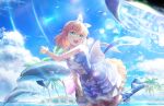  1girl :d ankle_boots aqua_eyes back_bow bead_necklace beads blue_bow blue_bowtie blue_dress blue_footwear blue_hairband blue_sky boots bow bow_hairband bowtie cloud cross-laced_footwear crossed_bangs cumulonimbus_cloud dolphin dolphin_beach_(love_live!) dress footwear_bow frilled_cuffs frilled_dress frills game_cg gingham_footwear hairband highres hinoshita_kaho jewelry lace-up_boots layered_dress lens_flare link!_like!_love_live! looking_to_the_side love_live! medium_dress medium_hair necklace official_art open_mouth orange_hair single_wrist_cuff sky sleeveless sleeveless_dress smile solo teeth third-party_source two_side_up upper_teeth_only virtual_youtuber water wrist_cuffs yellow_dress yellow_wrist_cuffs 