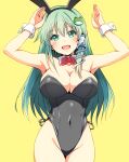  1girl animal_ears bare_shoulders black_leotard blush bow bowtie breasts cleavage covered_navel cowboy_shot detached_collar fake_animal_ears frog_hair_ornament green_eyes green_hair hair_ornament hair_tubes highleg highleg_leotard highres kochiya_sanae kyanta5354 large_breasts leotard long_hair open_mouth playboy_bunny rabbit_ears smile snake_hair_ornament solo strapless strapless_leotard touhou traditional_bowtie wrist_cuffs yellow_background 