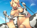  animal_ears animal_print bell bikini blonde_hair breasts censored cleavage copyright_request cow_ears cow_girl cow_print day elbow_gloves gloves green_eyes horns large_breasts newhalf penis solo spread_legs swimsuit testicles thighhighs underboob yn_red 