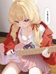  1girl blonde_hair blue_archive blush breasts cleavage guitar hair_ribbon holding holding_guitar holding_instrument holding_plectrum instrument jacket long_hair looking_at_viewer low_twintails nipples official_alternate_costume one_breast_out open_mouth pink_skirt plectrum red_jacket red_ribbon ribbon shirt skirt small_breasts tamainoniwa twintails white_shirt yellow_eyes yoshimi_(band)_(blue_archive) yoshimi_(blue_archive) 