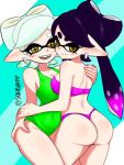 animal_humanoid big_butt blue_background blush breasts butt callie_(splatoon) cephalopod cephalopod_humanoid cleavage clothed clothing duo ear_piercing eyelashes female green_clothing green_hair green_swimwear hair hand_on_hip humanoid humanoid_pointy_ears inkling looking_at_viewer marie_(splatoon) marine marine_humanoid markings mole_(marking) mole_under_eye mollusk mollusk_humanoid multicolored_hair navel_outline nintendo one-piece_swimsuit open_mouth open_smile piercing pseudo_hair purple_clothing purple_hair purple_swimwear short_hair simple_background smile splatoon squid_humanoid swimwear tan_body tan_skin tentacle_hair tentacles thick_thighs twintails_(hairstyle) two_tone_hair white_background wide_hips yellow_eyes