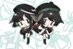  2boys :3 animal_ears bird_ears black_capelet black_eyes black_footwear black_hair black_hat black_sleeves boots capelet chibi colored_inner_hair detached_sleeves dual_persona eye_of_senri fur-trimmed_boots fur-trimmed_capelet fur_trim gas_wf green_hair grey_shorts hat highres indie_virtual_youtuber japanese_clothes kimono long_sleeves male_focus multicolored_hair multiple_boys open_mouth short_hair shorts sleeveless sleeveless_kimono tabinoki_kanae tabinoki_kanae_(1st_costume) tabinoki_kanae_(2nd_costume) two-sided_sleeves white_kimono 