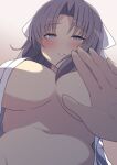  blue_eyes blush bow breasts chimunge cleavage commentary grey_hair hair_bow headpat highres lap_pillow large_breasts looking_at_viewer medium_hair navel parted_bangs pov senran_kagura smile striped_bow unbuttoned unbuttoned_shirt white_bow yumi_(senran_kagura) 