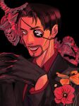  1boy black_background black_gloves black_hair black_necktie black_suit eyepatch facial_hair flower gloves highres long_sleeves majima_goro male_focus necktie one_eye_covered open_mouth red_eyes red_shirt ryuu_ga_gotoku_(series) shirt short_hair skeleton smile solo suit teeth 