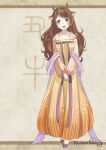  1girl :d absurdres animal_ears blue_eyes brown_hair chinese_clothes chinese_zodiac cow_ears cow_girl dress english_text full_body hanfu highres horns long_hair looking_at_viewer open_mouth original personification purple_footwear qixiong_ruqun ruqun shawl smile solo standing you_hu_xiao_lang 