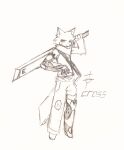 animal_humanoid anthro clothed clothing cyberpunk domestic_cat felid feline felis fur hi_res humanoid kemono looking_at_viewer male mammal robotic_arm robotic_leg scarf simple_background standing ti_cross weapon white_background white_body white_fur