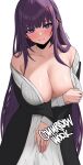  1girl :t absurdres anger_vein arm_under_breasts bare_shoulders black_robe blush breasts collarbone commission dress edmun6969 fern_(sousou_no_frieren) highres large_breasts long_hair looking_at_viewer off_shoulder pout purple_eyes purple_hair robe simple_background solo sousou_no_frieren very_long_hair white_background white_dress 