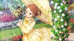  1girl 22/7 22/7_ongaku_no_jikan blurry bow braid brown_eyes brown_hair bush closed_mouth depth_of_field dress flower frilled_umbrella frills game_cg garden grass hair_bow hair_ribbon high_ponytail highres holding holding_umbrella jitome kono_miyako lens_flare light_particles long_sleeves looking_at_viewer official_art outdoors parasol pink_flower plant potted_plant purple_flower red_flower ribbon smile solo sparkle standing sunlight umbrella white_flower yellow_bow yellow_dress 