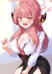  1girl aru_(blue_archive) black_skirt blue_archive blush breasts brown_horns cleavage collarbone collared_shirt cowboy_shot demon_horns fingernails halo highres horns large_breasts long_hair open_mouth pink_hair pink_halo shinori_(efvbji6264) shirt skirt solo white_shirt yellow_eyes 