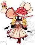  1girl absurdres bat_(animal) black_skin blonde_hair colored_skin commentary dress full_body hat highres holding holding_umbrella liddell_(pop&#039;n_music) peargor pop&#039;n_music puffy_short_sleeves puffy_sleeves reference_sheet short_sleeves solid_oval_eyes solo umbrella 