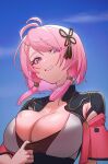  1girl antenna_hair armor blue_sky breasts cleavage clothes_pull day eyelashes grin hair_ornament highres large_breasts looking_at_viewer medium_hair nyanom pink_eyes pink_hair pulled_by_self red_sleeves shirt_pull short_hair_with_long_locks short_sleeves shoulder_armor sky smile solo swept_bangs taoqi_(wuthering_waves) teeth upper_body wuthering_waves 