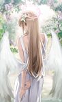  1girl absurdres angel_wings arms_behind_back blue_archive dress feathered_wings flower from_behind hair_flower hair_ornament halo highres light_brown_hair long_hair nagisa_(blue_archive) ori_(0rizuru) pink_flower pink_halo revision solo white_dress white_flower white_wings wings 