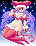  blush boots breasts christmas fingerless_gloves front-tie_top gloves groin high_heels kenix large_breasts long_hair original purple_eyes purple_hair pussy red_gloves santa_costume shoes solo tail thigh_boots thighhighs very_long_hair 