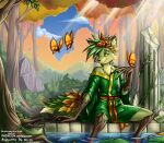 angrycontra anthro arthropod asian_clothing butterfly canid canine claws clothed clothing digital_media_(artwork) east_asian_clothing elemental_creature elemental_foxes flora_fauna forest forest_background fox fox_spirit fox_tail fur grass_hair green_body green_eyes green_fur green_hair hair hi_res insect japanese_clothing kimono leaf leaf_tail legs_in_water lepidopteran light light_beam male mammal nature nature_background outside plant pool ruins sitting smile solo submerged_legs sunbeam sunlight tail tree water yellow_sclera