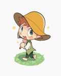  1boy animal_crossing axe barefoot blush_stickers br&#039;er_fox_(disney) brown_hair brown_hat chibi fang full_body green_pants green_vest grey_eyes hat highres holding holding_axe looking_at_viewer male_focus open_mouth pants short_hair short_sleeves solo song_of_the_south star_(symbol) uochandayo vest 