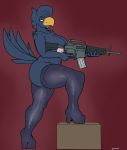  ar-15 avian bird breasts clothed clothing elektr0 feathers footwear gun high_heels inverted_nipples legwear lipstick makeup nipples partially_clothed piercing pinup pose ranged_weapon rifle shoes simple_background smug stockings topaz_(elektr0) weapon 