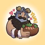  1boy beard cropped_torso deformed dungeon_meshi dwarf english_text facial_hair fake_horns food heart helmet holding holding_food horned_helmet horns jaderaven_arts long_beard looking_at_viewer male_focus merchandise_available mustache senshi_(dungeon_meshi) solo thick_mustache very_long_beard 