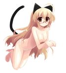  animal_ears blonde_hair breasts brown_eyes cat_ears cat_tail copyright_request glasses large_breasts long_hair nipples nude panties shin_(new) solo tail underwear 