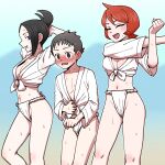  1boy 2girls :d @_@ arezu_(pokemon) black_hair blue_eyes blush breasts clenched_hand closed_eyes collarbone commentary_request cowlick fundoshi gradient_background highres japanese_clothes leaning_forward mai_(pokemon) mole mole_under_mouth multiple_girls navel nutkingcall open_mouth pokemon pokemon_legends:_arceus red_hair rei_(pokemon) shirt short_sleeves smile stretching sweat tied_shirt white_shirt 