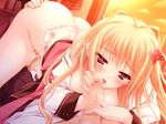  69 ass blonde_hair blush breasts censored game_cg girl_on_top kisaragi_mifuyu long_hair medium_breasts moekibara_fumitake mosaic_censoring open_clothes open_mouth open_shirt oral penis red_eyes saliva school_uniform shirt solo_focus sunset tayutama window 