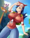  1girl 1other aipom backpack bag blue_hair blue_sky blurry blurry_background breasts character_request coach commentary_request covered_navel day dutch_angle fenrox hand_to_forehead highres large_breasts long_hair looking_afar open_mouth original outdoors pants pokemon red_shirt shirt sign signature signpost sky sweat sweater tree yellow_eyes 