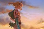  1boy absurdres artist_name blonde_hair blue_eyes body_markings closed_mouth cloud cloudy_sky gamza green_sash hair_between_eyes hand_on_own_hip highres link long_hair looking_at_viewer male_focus outdoors pointy_ears sash sidelocks sky solo tassel the_legend_of_zelda the_legend_of_zelda:_tears_of_the_kingdom toga upper_body 