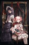  2girls absurdres akemi_homura armchair black_hair bow capelet chair dress expressionless feet_out_of_frame flower frilled_dress frilled_skirt frills hair_bow hallway highres holding_candle_stand kaname_madoka layered_skirt long_hair mahou_shoujo_madoka_magica mento multiple_girls neck_ribbon parted_lips picture_frame pink_dress pink_eyes pink_hair purple_bow purple_capelet purple_dress purple_eyes red_bow red_ribbon ribbon rose shirt short_hair short_twintails sitting skirt smile standing thighhighs twintails white_flower white_rose white_shirt white_thighhighs 
