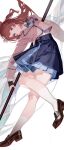  1girl absurdres blazer blue_overskirt blue_ribbon blue_skirt brown_footwear brown_hair brown_jacket cropped_jacket flag gakuen_idolmaster hanami_saki hatsuboshi_gakuen_school_uniform highres holding holding_flag idolmaster jacket loafers long_hair long_sleeves looking_at_viewer neck_ribbon pleated_skirt ribbon school_uniform shoes simple_background skirt socks solo white_background white_socks yofuraruto 