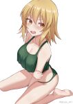  1girl absurdres blonde_hair blush breasts cagalli_yula_athha cleavage crop_top gundam gundam_seed gundam_seed_destiny gundam_seed_freedom highres holding_own_arm kneeling large_breasts looking_at_viewer open_mouth panties short_hair solo underwear underwear_only whitek yellow_eyes 