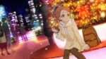  22/7 22/7_ongaku_no_jikan 2boys 3girls backpack bag bench blurry bow braid brown_bag brown_eyes brown_hair brown_pantyhose building christmas christmas_lights christmas_ornaments christmas_tree coat depth_of_field dutch_angle game_cg hair_bow hair_ribbon high_ponytail highres kono_miyako lens_flare looking_to_the_side multiple_boys multiple_girls night night_sky official_art on_bench outdoors pantyhose parted_lips red_ribbon ribbon sitting sky skyscraper solo_focus sparkle watch white_coat wooden_bench wristwatch 