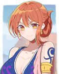  1girl absurdres arm_tattoo armlet bra breasts close-up commentary earrings hair_bun highres jewelry kasuga_kaya large_breasts looking_at_viewer nami_(one_piece) one_piece orange_eyes orange_hair sidelocks smile smoke solo tattoo underwear upper_body 