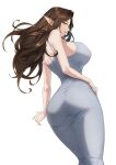  1girl ass back blueorca breasts brown_hair dongtan_dress dress elf english_commentary floating_hair from_behind green_hair grey_dress hand_on_own_hip highres large_breasts long_hair looking_at_viewer looking_back median_furrow meme_attire mole mole_under_mouth original parted_lips pencil_dress pointy_ears simple_background solo taut_clothes taut_dress white_background 