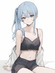  1girl arm_support bare_shoulders black_camisole black_shorts blue_eyes blue_hair blush breasts camisole closed_mouth commentary hair_between_eyes highres hololive hoshimachi_suisei karyln light_blue_hair light_blush midriff navel off_shoulder short_shorts shorts side_ponytail sidelocks simple_background sitting small_breasts smile solo symbol-only_commentary virtual_youtuber white_background 