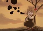  1girl ascot bare_tree black_skirt black_vest blonde_hair blowing_bubbles bubble closed_eyes commentary darkness ecstasy1919 hair_ribbon highres red_ascot red_footwear red_ribbon ribbon rumia short_hair skirt skirt_set soap_bubbles solo suitcase sunset touhou tree vest 