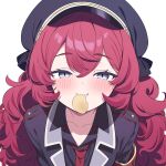  1girl absurdres black_coat black_hat black_shirt blue_archive blue_eyes chips_(food) closed_mouth coat collared_shirt food grey_eyes hat highres hiroikara_(smhong04) iroha_(blue_archive) long_hair mouth_hold necktie peaked_cap potato_chips red_hair red_necktie shirt simple_background smile solo upper_body white_background 