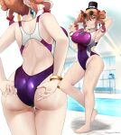  2girls ass bare_arms bare_legs bare_shoulders barefoot blush breasts brown_hair commission competition_swimsuit drill_hair grin highres jewelry kagiyama_shachou large_breasts long_hair multiple_girls multiple_views necklace one-piece_swimsuit pool purple_one-piece_swimsuit skeb_commission smile solo_focus swimsuit toes touhou twin_drills twintails twitter_username water yellow_eyes yorigami_jo&#039;on yorigami_shion 