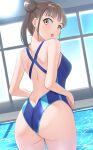  1girl ass back back_focus blue_one-piece_swimsuit breasts brown_hair commentary_request cowboy_shot double_bun dutch_angle hair_bun highres idolmaster idolmaster_shiny_colors indoors long_hair looking_at_viewer looking_back medium_breasts one-piece_swimsuit pool short_twintails solo sonoda_chiyoko swimsuit thames3 twintails 