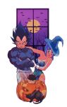  1girl 2boys amachu_a baby black_cat black_eyes black_hair blue_eyes blue_hair blue_leotard breasts bulma cat commentary crossed_arms dragon_ball dragon_ball_z father_and_son full_moon gloves hat highleg highleg_leotard highres horned_hat jack-o&#039;-lantern leotard medium_breasts moon mother_and_son multiple_boys muscular muscular_male pectorals shirt simple_bat strapless strapless_leotard symbol-only_commentary tight_clothes tight_shirt tree trunks_(dragon_ball) vegeta white_gloves window witch_hat 