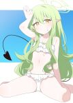  1girl absurdres bare_arms bare_legs bare_shoulders barefoot bikini black_tail blue_archive blush breasts closed_mouth demon_tail earrings frilled_bikini frills green_hair green_halo hagoonha halo highres hikari_(blue_archive) jewelry long_hair looking_at_viewer pointy_ears single_earring small_breasts solo swimsuit tail white_bikini yellow_eyes 