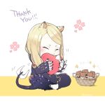  1boy animal_ears basket biting black_nails blonde_hair blush bow candy chibi chibi_only chocolate chocolate_bar closed_eyes fang fate/grand_order fate_(series) food gift holding holding_gift honey-cat indian_style male_focus nail_polish sitting skin_fang solo sparkle tail tezcatlipoca_(fate) thank_you tiger_ears toenail_polish toenails white_bow 