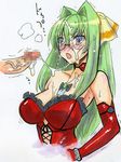  blue_eyes breasts cleavage corset cum facial glasses green_hair kannagi_itsuki kikuta large_breasts penis shimoyama_mutsumi solo_focus sora_wo_kakeru_shoujo surprised trembling 