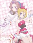  2girls :d bandana bare_shoulders blonde_hair blue_eyes bracelet bright_pupils closed_mouth collarbone diving_mask diving_mask_around_neck gloves goggles hair_intakes hairband hand_up highres irida_(pokemon) jewelry light_brown_hair multiple_girls neck_ring noi_(noi_pk27) open_mouth palina_(pokemon) plaid plaid_background pokemon pokemon_legends:_arceus purple_bandana purple_eyes red_hairband short_hair shorts smile v-shaped_eyebrows white_gloves white_pupils white_shorts 