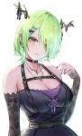  1girl black_dress black_nails breasts ceres_fauna ceres_fauna_(goth) cleavage detached_sleeves dress flower green_hair hair_flower hair_ornament hair_over_one_eye highres hololive hololive_english large_breasts mole mole_under_eye short_hair tomozoo83 virtual_youtuber white_background yellow_eyes 